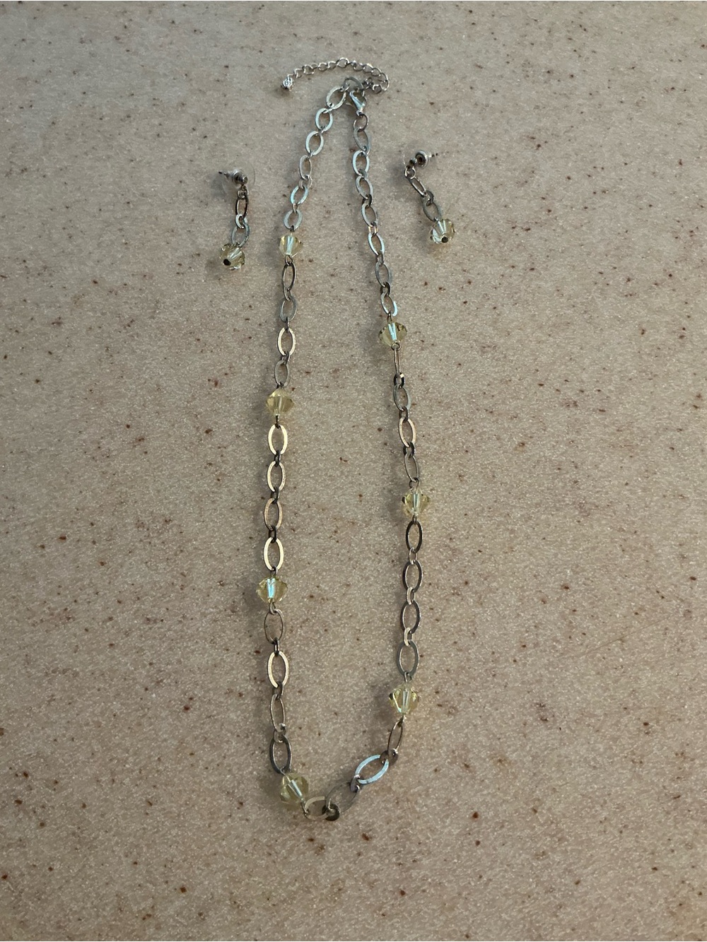 Silver Chain Necklace and Earrings Set with Pale Yellow Beads